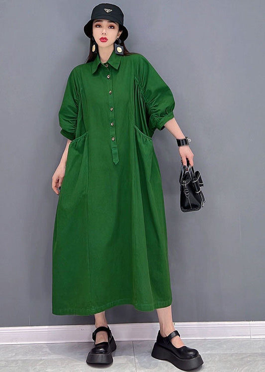 Vintage Green Solid Peter Pan Collar Cinched Pockets Cotton Long Dresses Half Sleeve