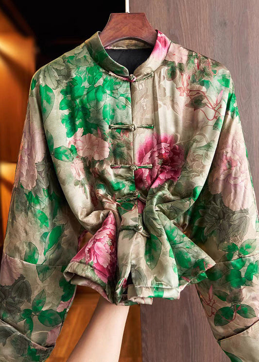 Vintage Green Stand Collar Chinese Button Print Cotton Filled Coats Spring