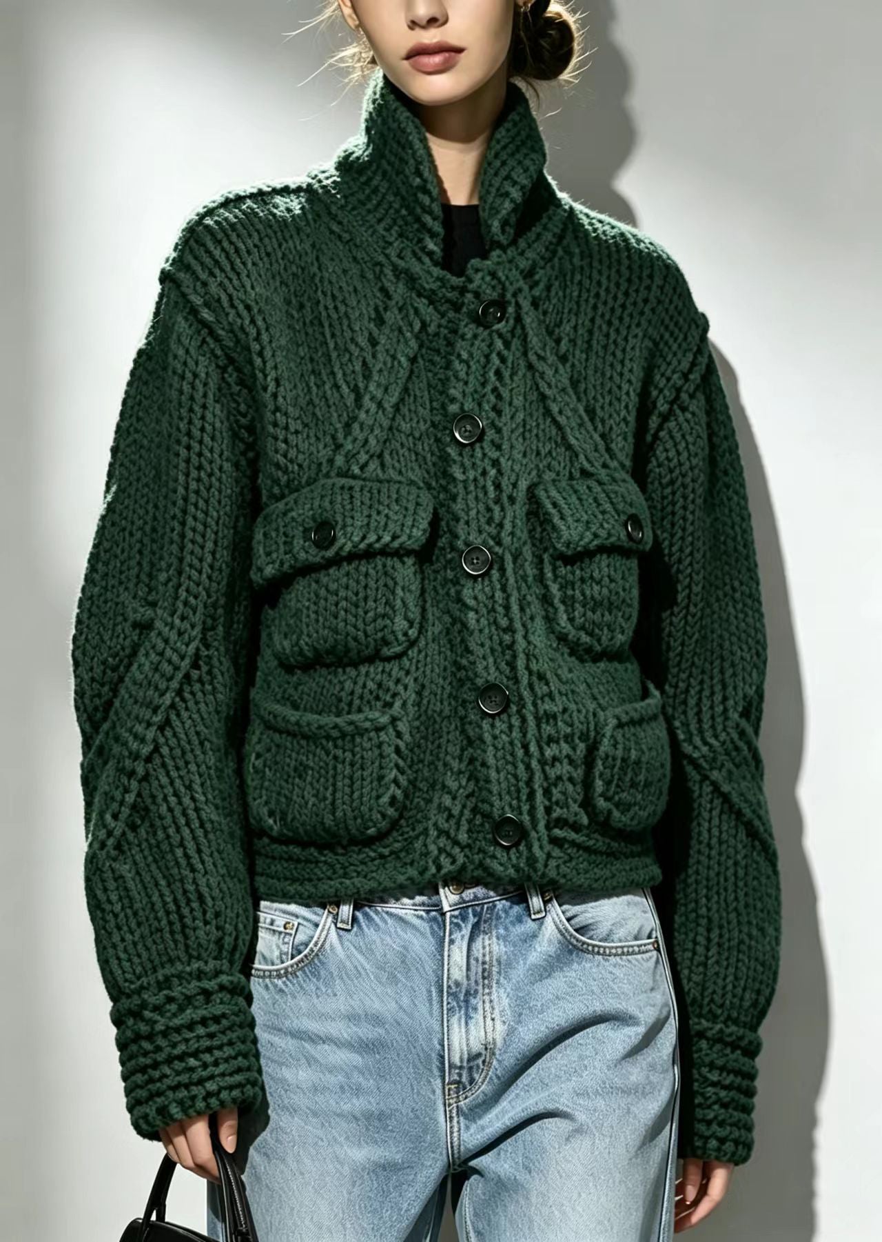 Vintage Green Stand Collar Pockets Knit Cardigans Fall