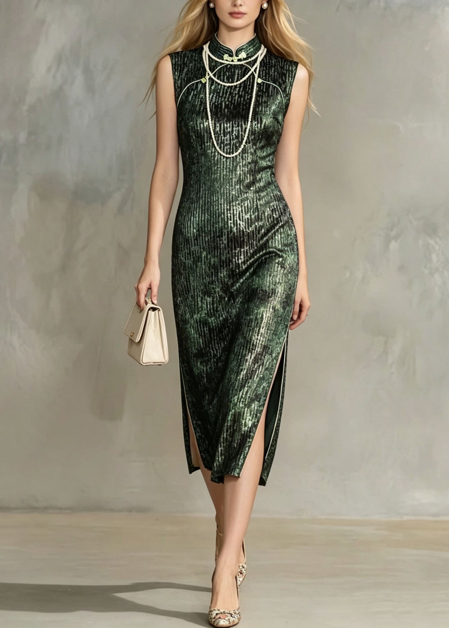 Vintage Green Stand Collar Side Open Silk Velvet Dress Summer