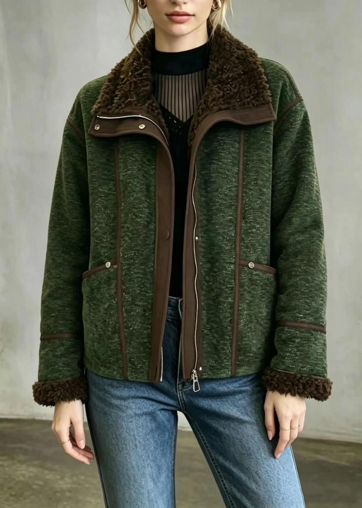 Vintage Green Teddy Faux Fur Lined Fleece Jacket Winter