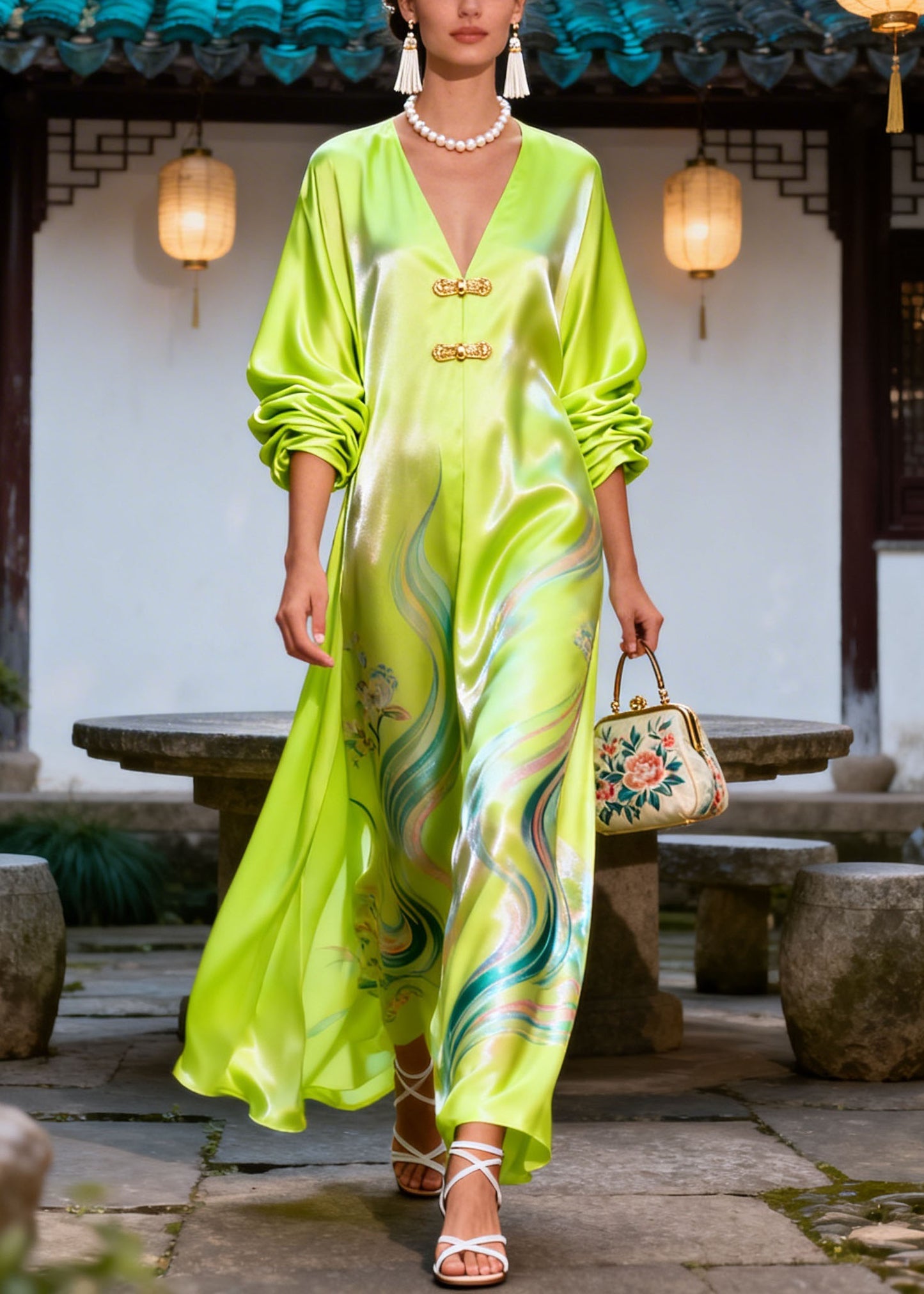 Vintage Green V Neck Print Chinese Button Silk Dress Summer