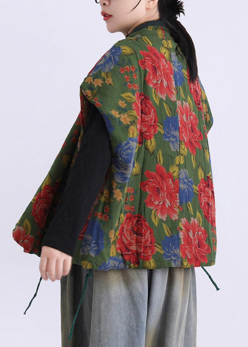 Vintage Green V Neck Print Tie Waist Waistcoat Sleeveless