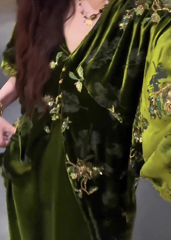 Vintage Green V Neck Silk Velvet Coats And Maxi Dress Two Pieces Set Lantern Sleeve
