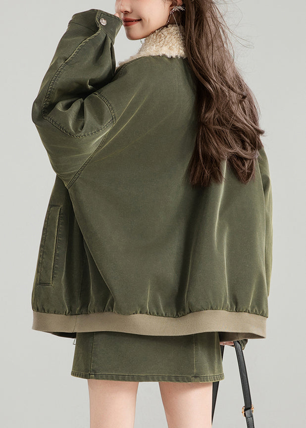 Vintage Green Zippered Pockets Patchwork Parka Spring