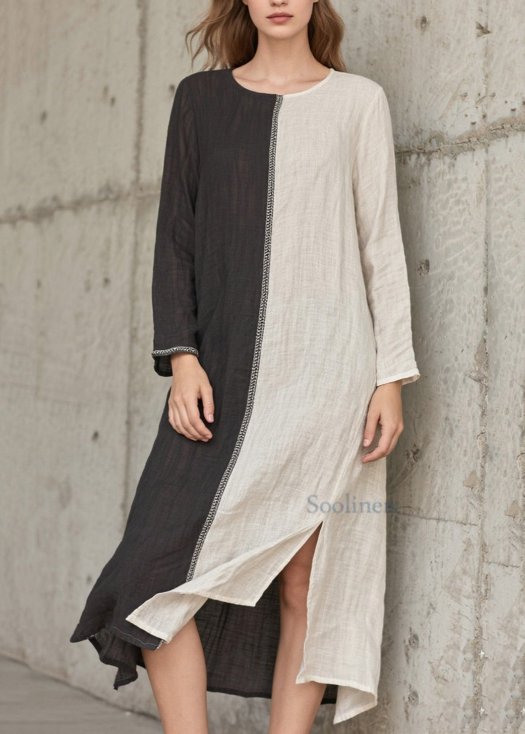 Vintage Grey Asymmetrical Patchwork Side Open Cotton Vacation Dresses Spring