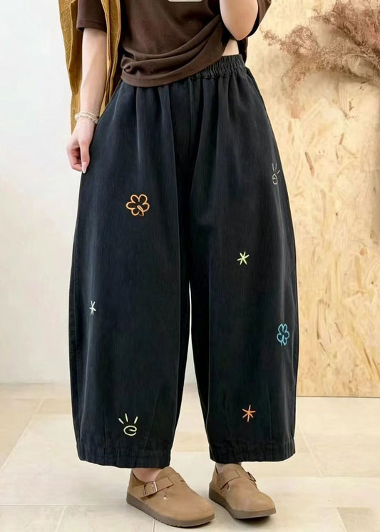Vintage Grey Embroidered Pockets Corduroy Balloon Crop Pants Fall