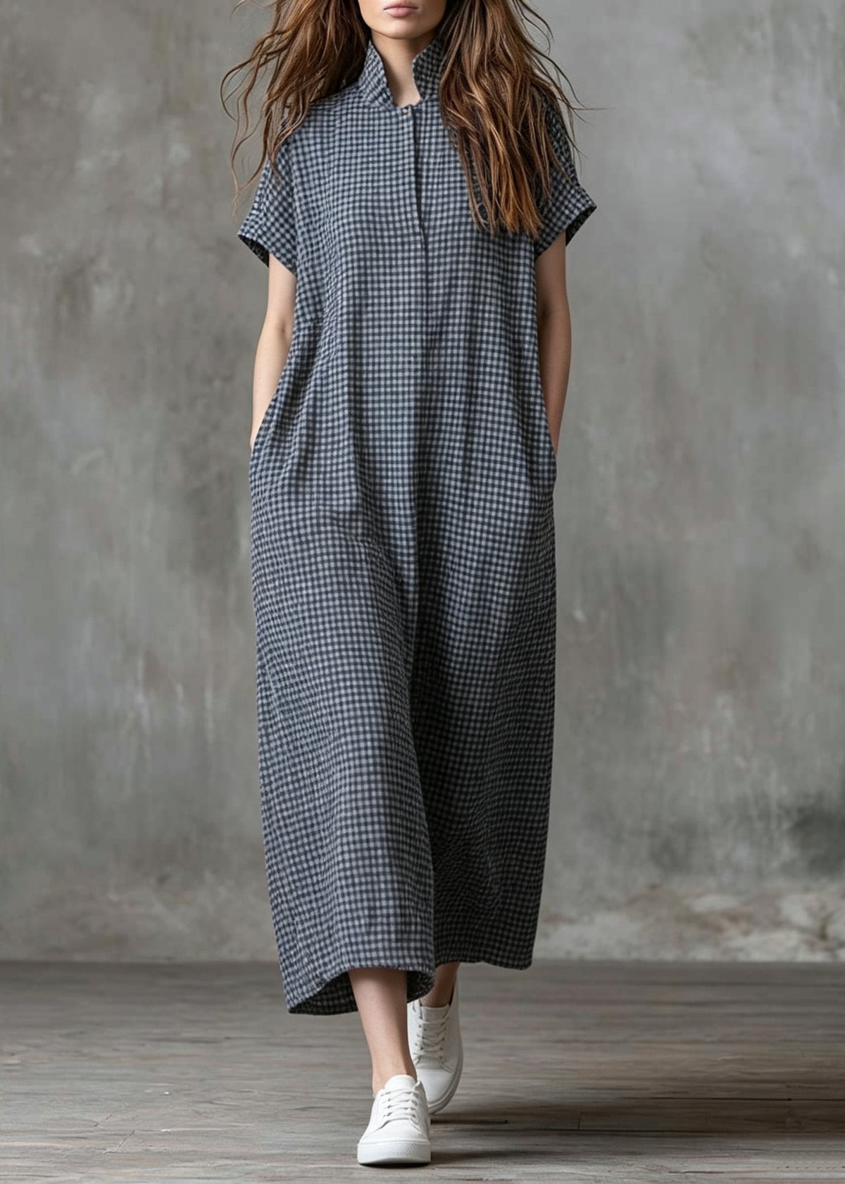 Vintage Grey Stand Collar Plaid Cotton Long Dress Summer