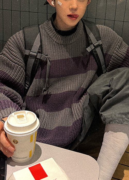 Vintage Grey Striped Cozy Patchwork Knit Men Sweater Spring