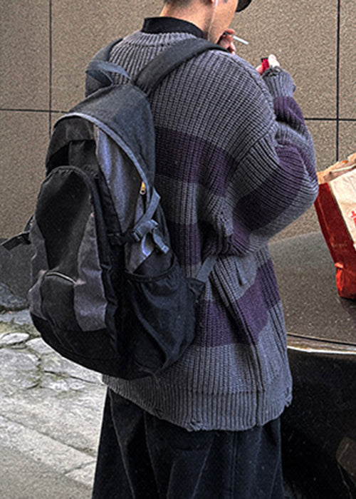 Vintage Grey Striped Cozy Patchwork Knit Men Sweater Spring