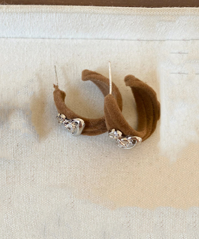 Vintage Khaki Copper Flocking Saturn C-Shaped Hoop Earrings