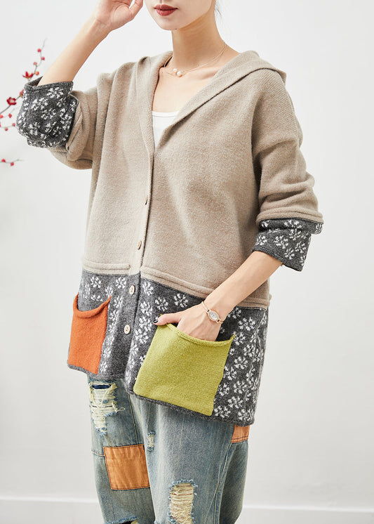 Vintage Khaki Hooded Patchwork Pockets Knit Coat Fall