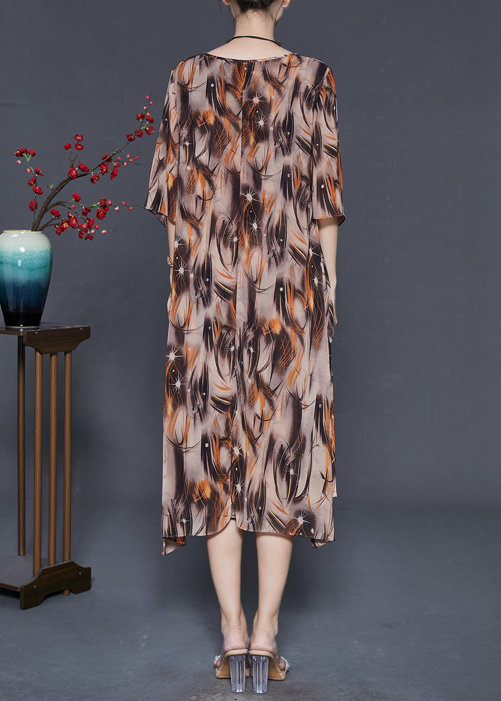 Vintage Khaki Oversized Print Chiffon Vacation Dresses Summer