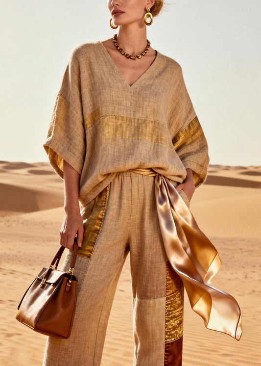 Vintage Khaki V Neck Tops And Crop Pants Patchwork Silk Linen Two Pieces Set Batwing Sleeve