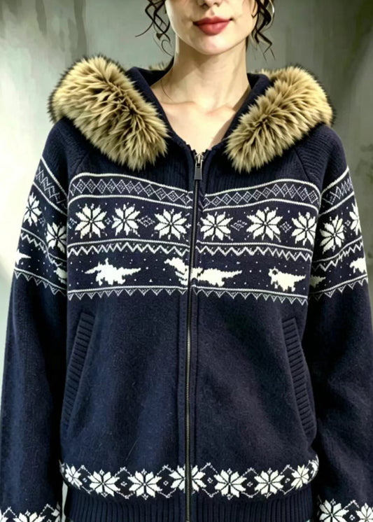 Vintage Navy Fair Isle Faux Fur Trim Hooded Double Zip Knit Cardigan Fall