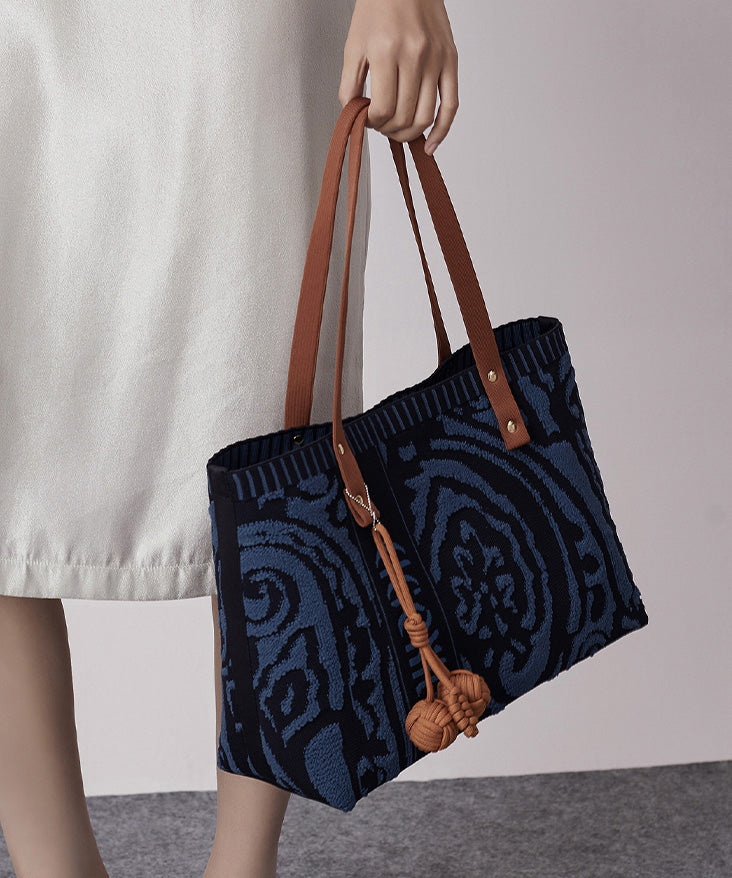 Vintage Navy Jacquard Large Capacity Cotton Satchel Handbag