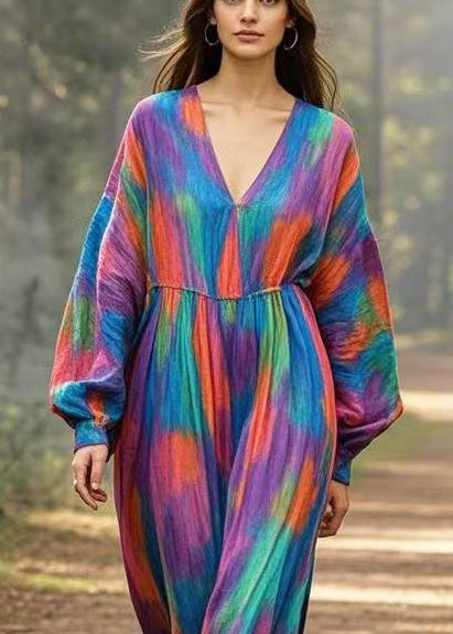 Vintage Navy Oversized Tie Dye Cotton Long Dress Spring