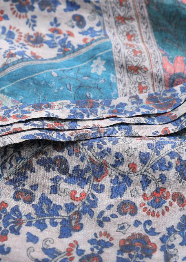 Vintage Navy V Neck Print Patchwork Wrinkled Dress Long Sleeve