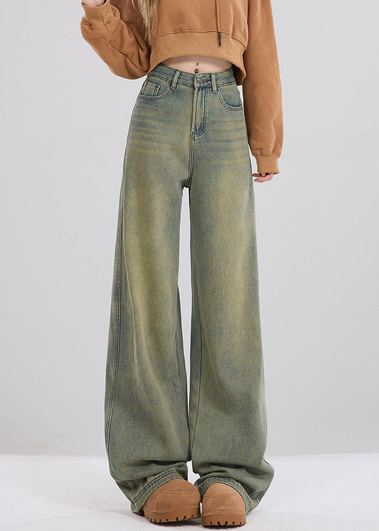 Vintage Nostalgic Blue Pockets High Waist Warm Fleece Jeans Spring