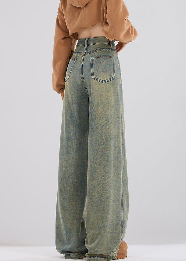 Vintage Nostalgic Blue Pockets High Waist Warm Fleece Jeans Spring