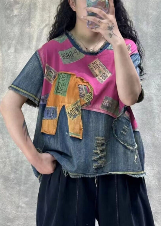 Vintage Orange Print Hole Patchwork T Shirt Denim Summer