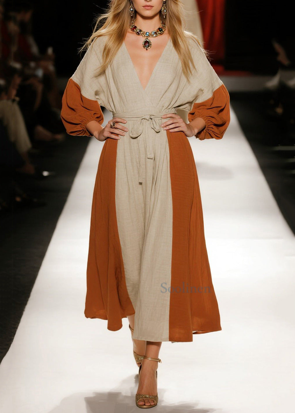 Vintage Orange Tie Waist Patchwork Linen Holiday Dress Spring