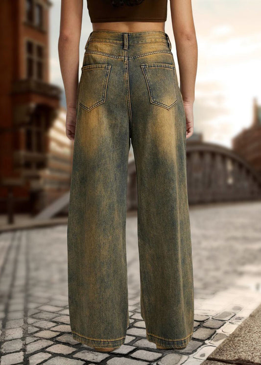 Vintage Patchwork High Waist Straight Denim Pants Fall