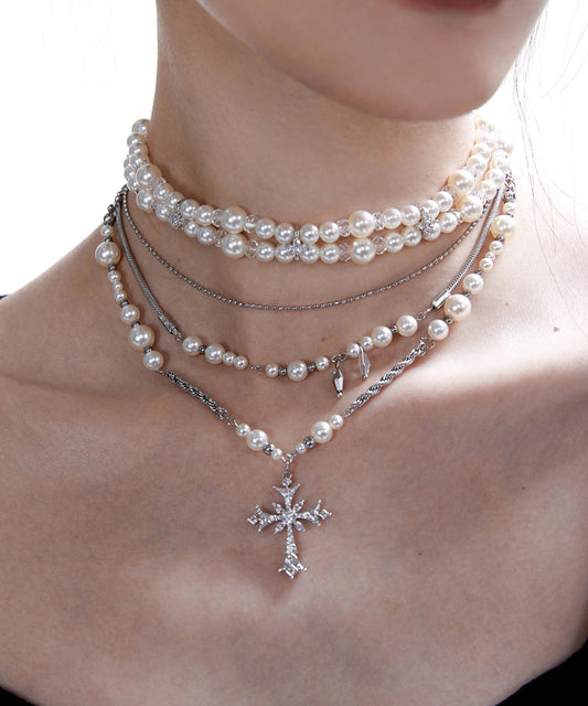 Vintage Pearl Cross Two Piece Set Alloy Layering Pendant Necklace