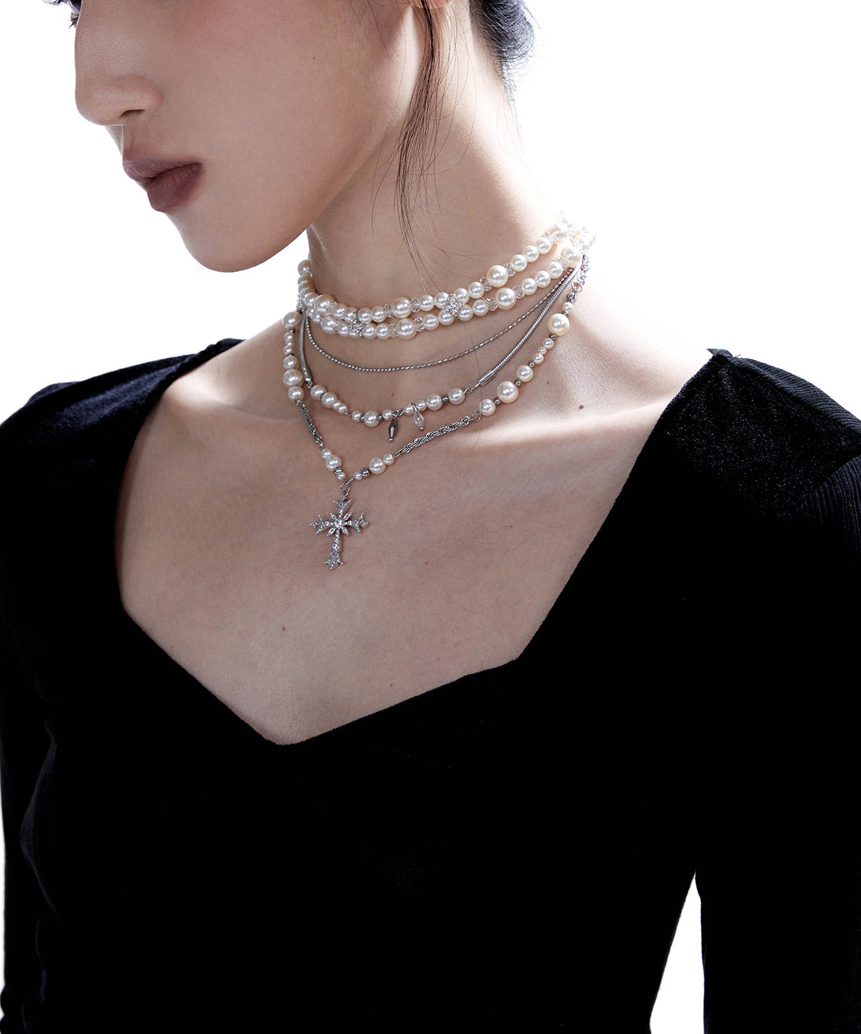 Vintage Pearl Cross Two Piece Set Alloy Layering Pendant Necklace