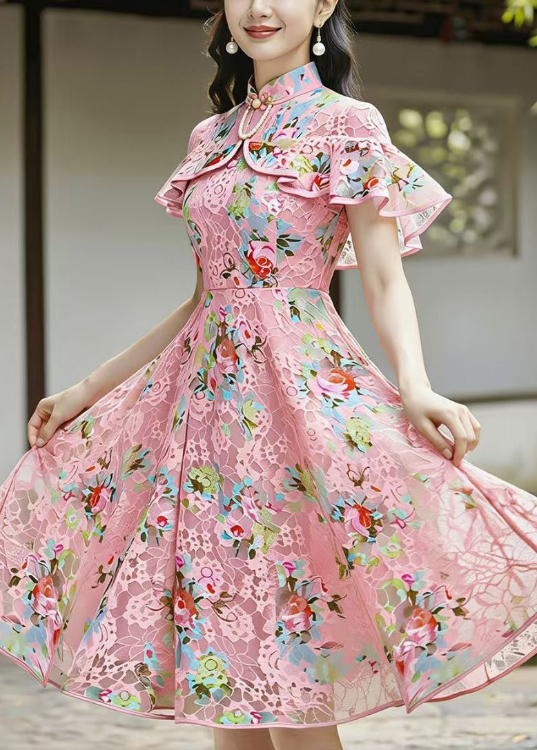 Vintage Pink Mandarin Collar Lace Mid Dress Cloak Sleeves