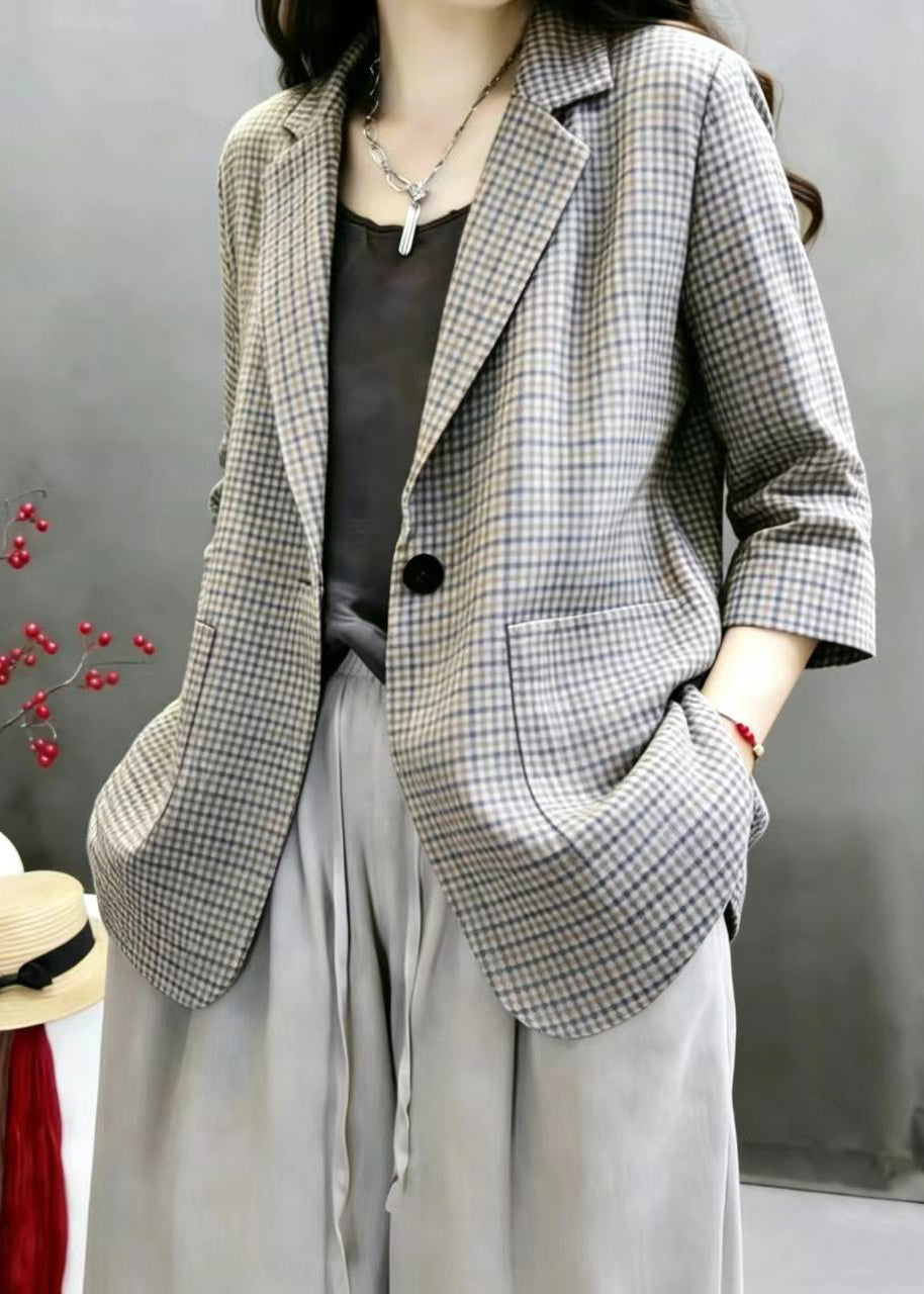 Vintage Plaid Notched Pockets Jacket Bracelet Sleeve