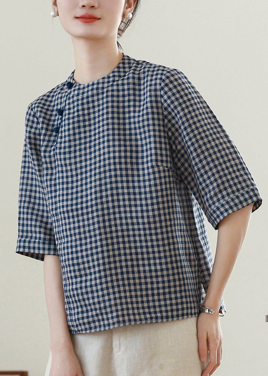 Vintage Plaid O-Neck Top Short Sleeve