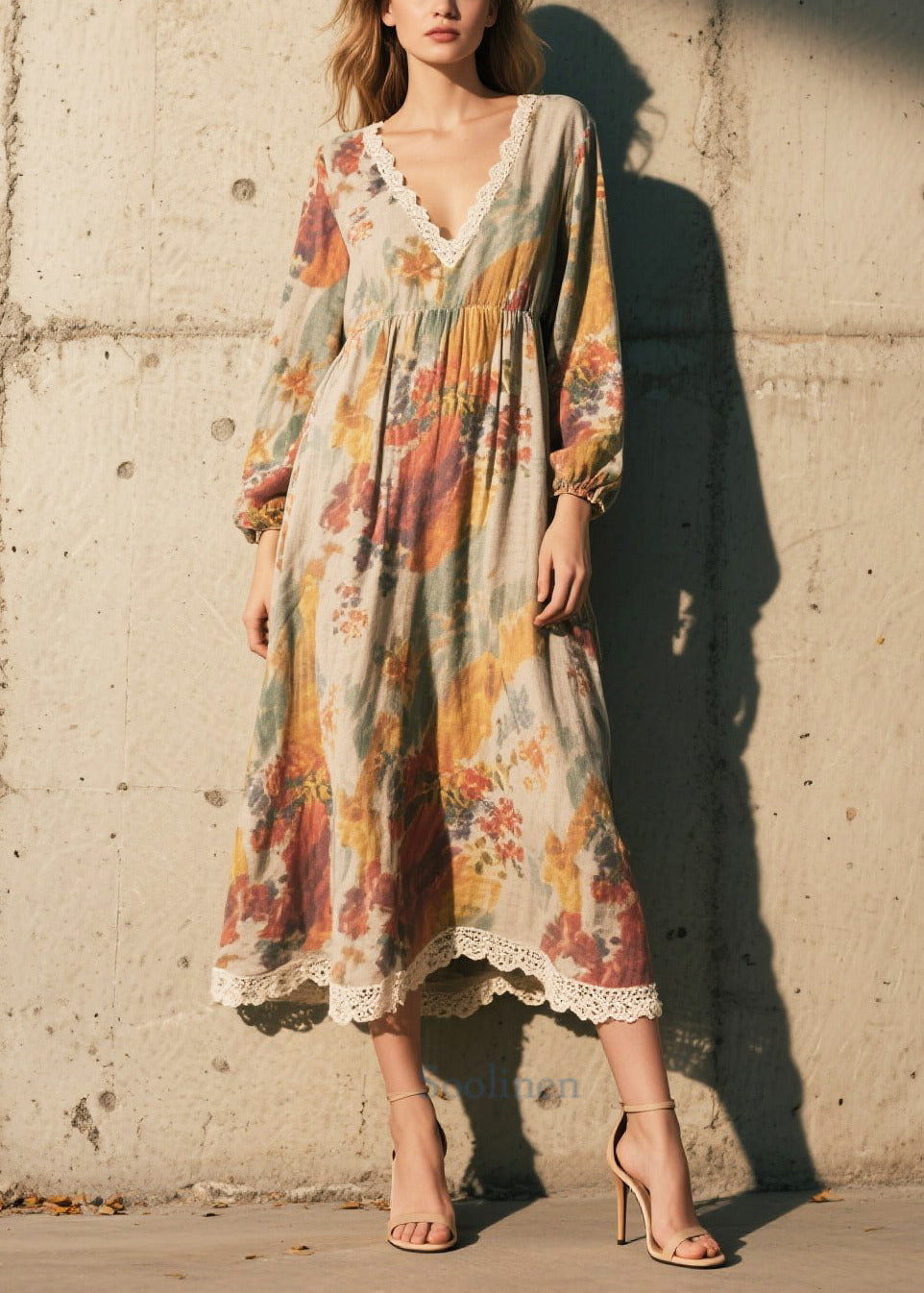 Vintage Print Patchwork Lace Cotton Long Dress Fall