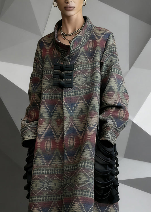 Vintage Print Pockets Patchwork Woolen Long Coat Spring