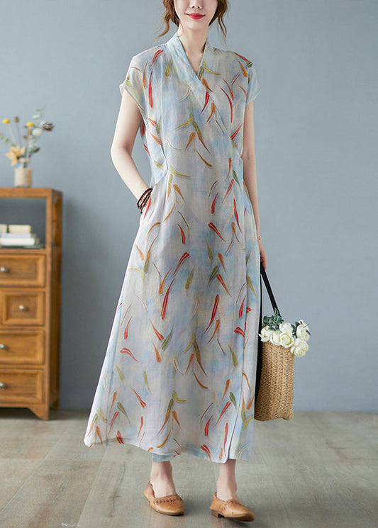 Vintage Print Tie Waist Linen Long Dress Summer