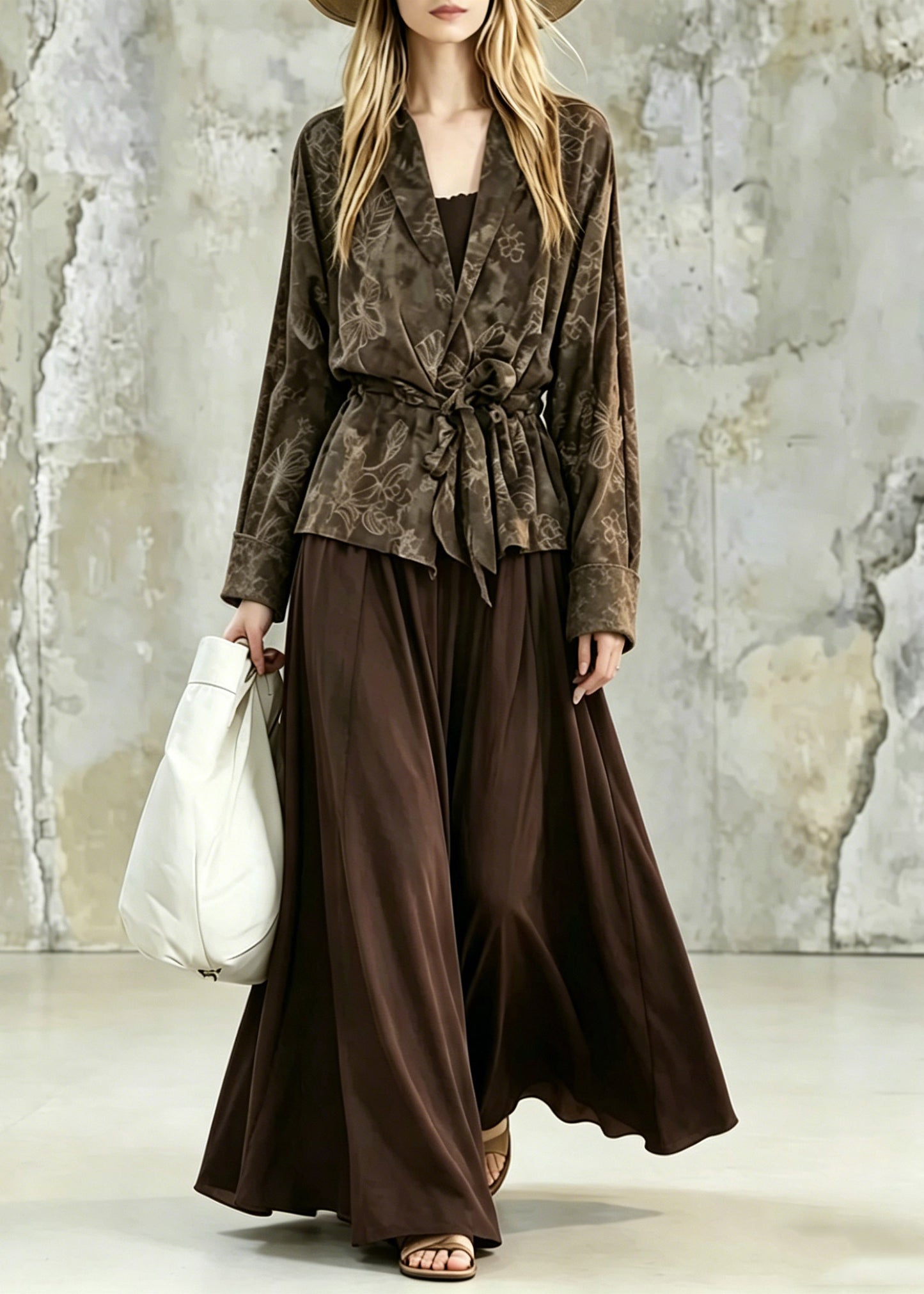 Vintage Print Tie Waist Shirt And Maxi Skirts Two Pieces Set Fall