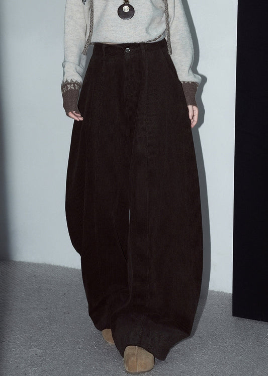 Vintage Red Button Solid Warm Fleece Corduroy Wide Leg Pants Winter