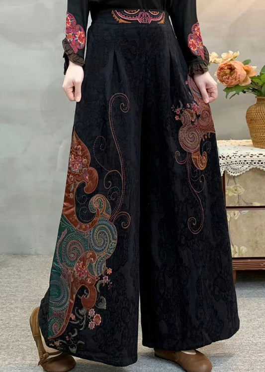 Vintage Red Embroidered Pockets Warm Fleece Pants Winter