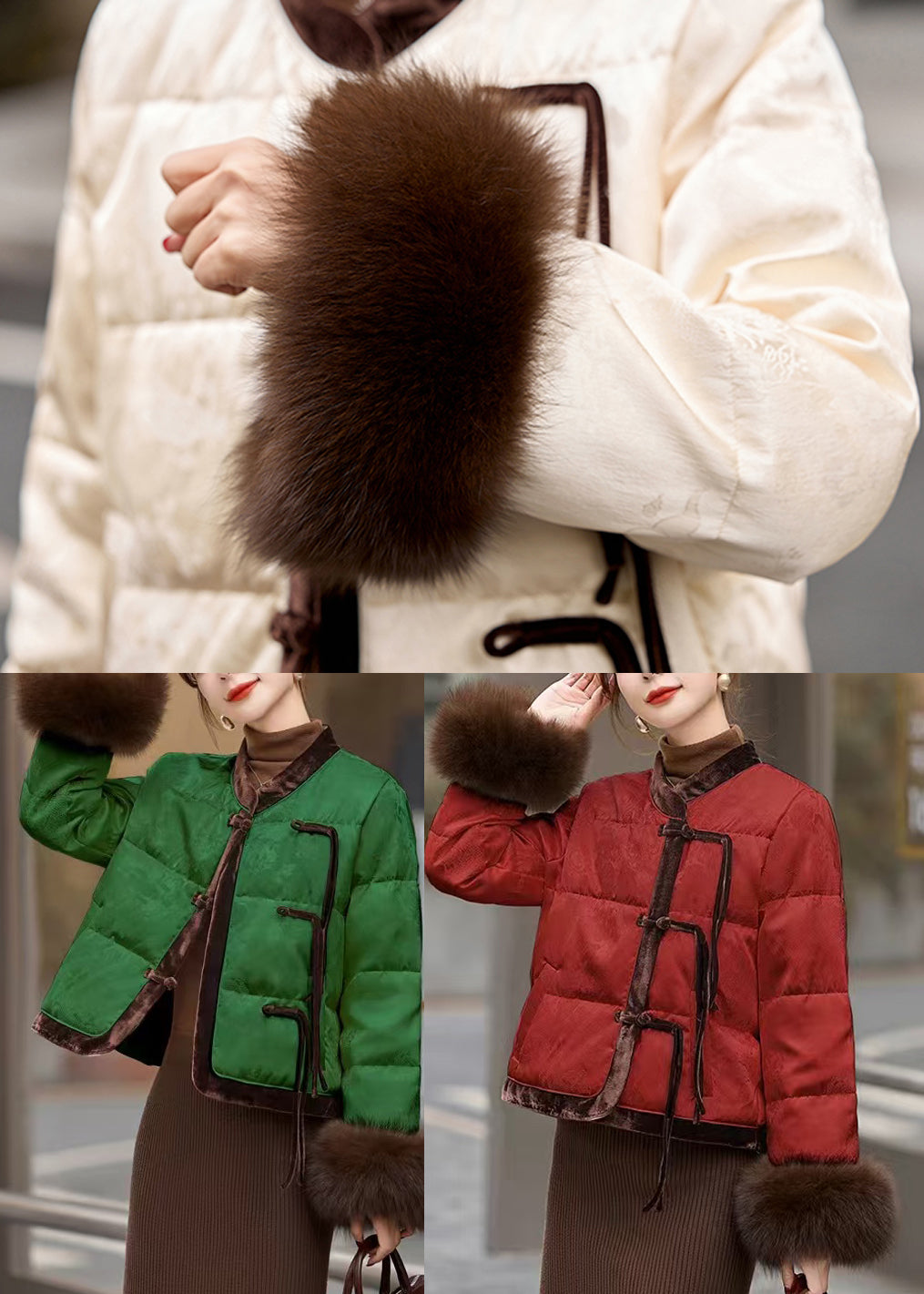 Vintage Red Mandarin Collar Patchwork Duck Down Puffer Coat Winter