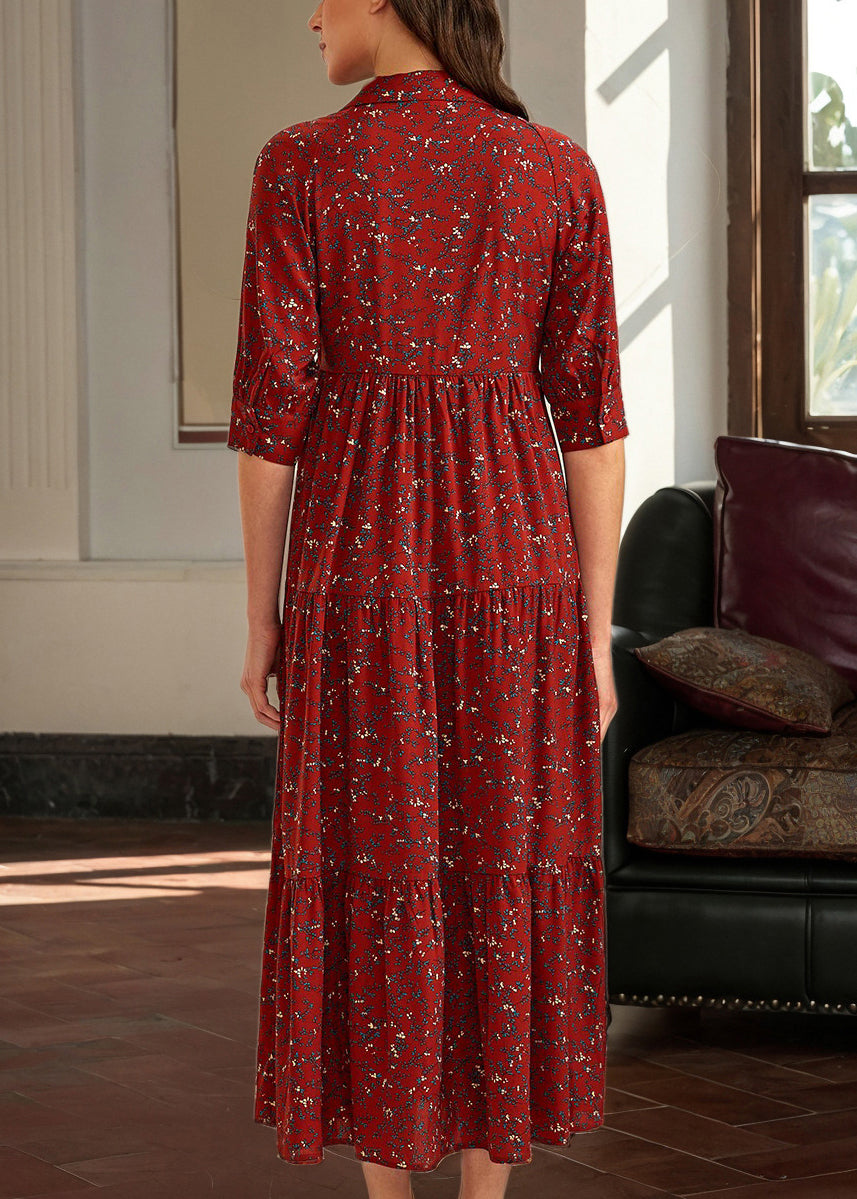 Vintage Red Peter Pan Collar Print Cotton Long Dress Half Sleeve