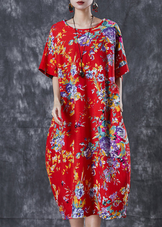 Vintage Red Print Cotton Maxi Dress Oversized Summer