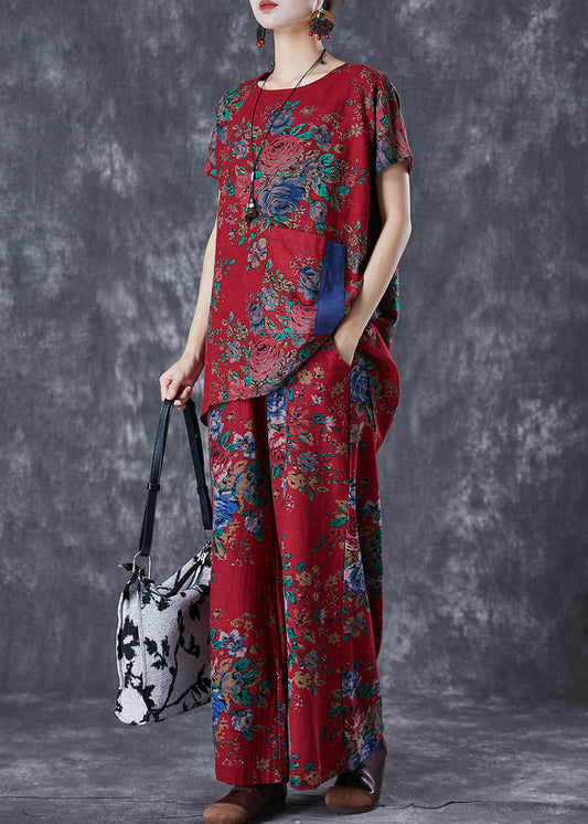 Vintage Red Print Low High Design Cotton Two Pieces Set Summer