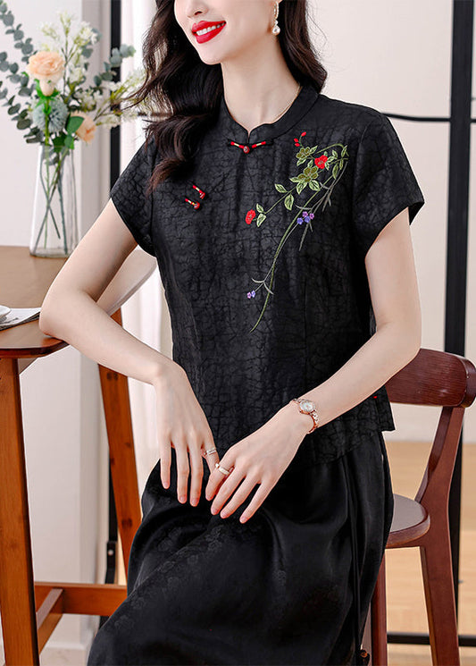 Vintage Red Stand Collar Embroidered Silk Blouses Summer