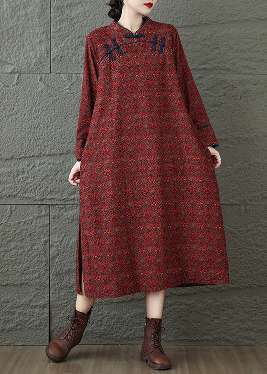 Vintage Red Stand Collar Print Oriental Button Cotton Dress Spring