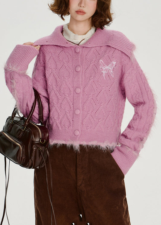 Vintage Rose Sailor Collar Patchwork Faux Fur Knit Cardigan Winter