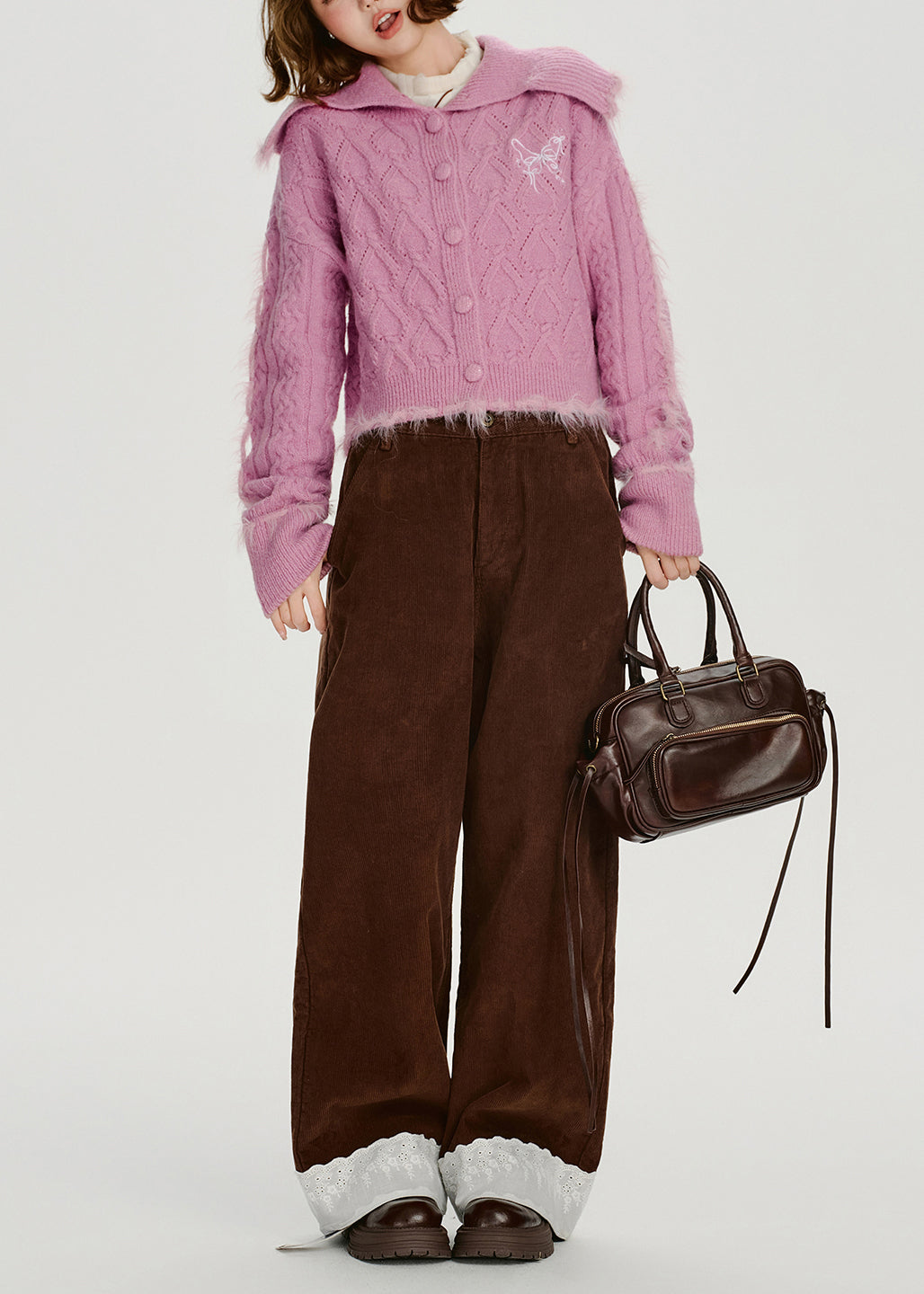 Vintage Rose Sailor Collar Patchwork Faux Fur Knit Cardigan Winter