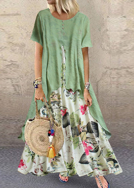 Vintage Short Sleeve O-neck Print Patchwork Pocket Long Maxi Dress For Women