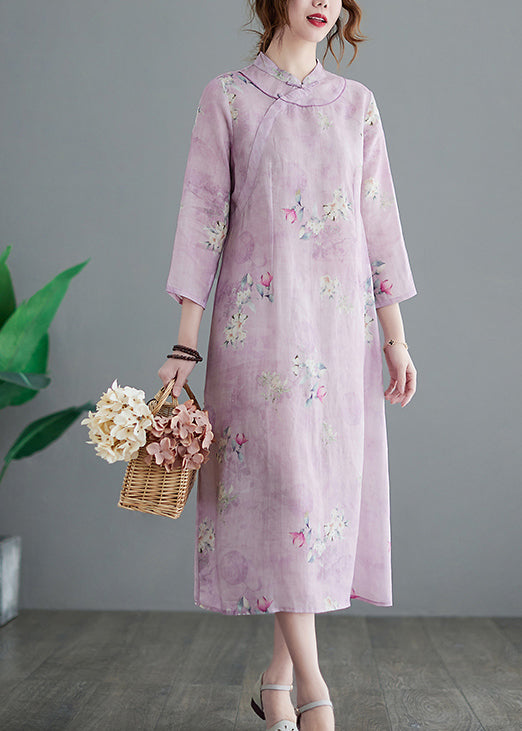 Vintage Stand Collar Button Print Linen Cheongsam Dress Three Quarter sleeve