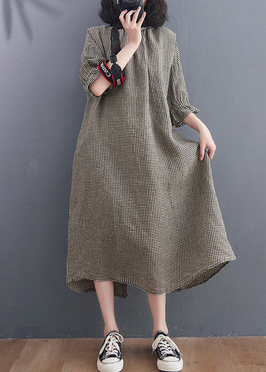 Vintage Stand Collar Large Plaid Linen Dress Petal Sleeve