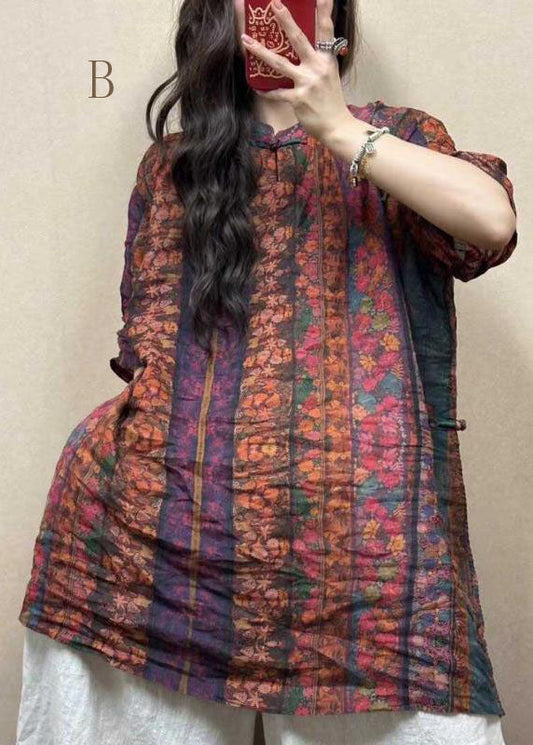 Vintage Stand Collar Oriental Button Cotton Mid Dress Summer